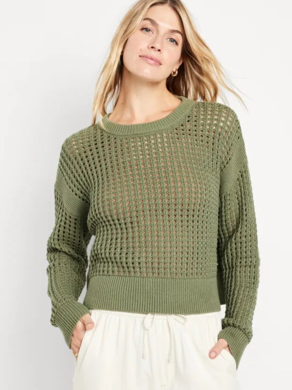 Old Navy Olive Green Open Knit Crochet Crewneck Sweater Size M